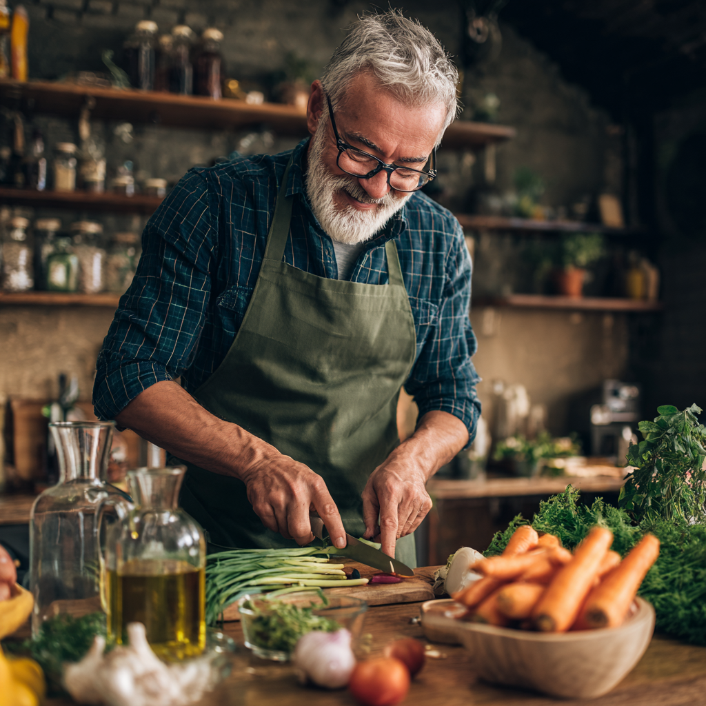 satisfied middle-aged client cooking healthy meal with fresh ingredients